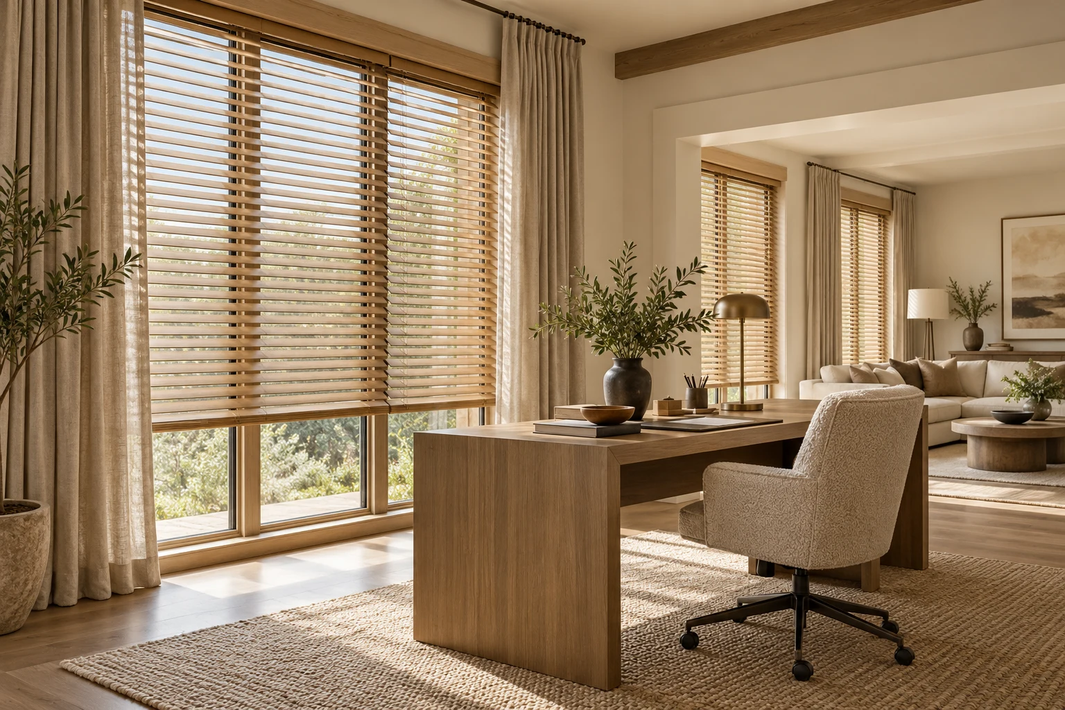 Cortinas e persianas em um ambiente residencial com escritório